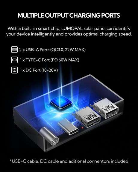 LUMOPAL Portable Solar Panel 60W Foldable Solar Panel Folding Solar Charger with PD60W USB C QC3.0 USB A DC18-20V Output for Camping Backpacking Compa