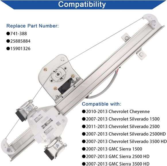 741-388 Rear Driver Side Power Window Lift Regulator with Motor Compatible with 2007-2013 Chevy Silverado/GMC Sierra 1500/ 2500HD/ 3500HD Extended Cab