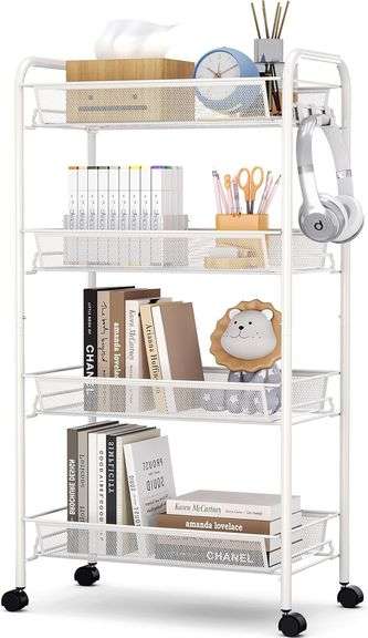 TOOLF 4-Tier Rolling Cart,Easy Assemble Mobile Storage Trolley On Wheels,Slide Out Utility Cart Shelving Units Kitchen Bathroom Laundry Room