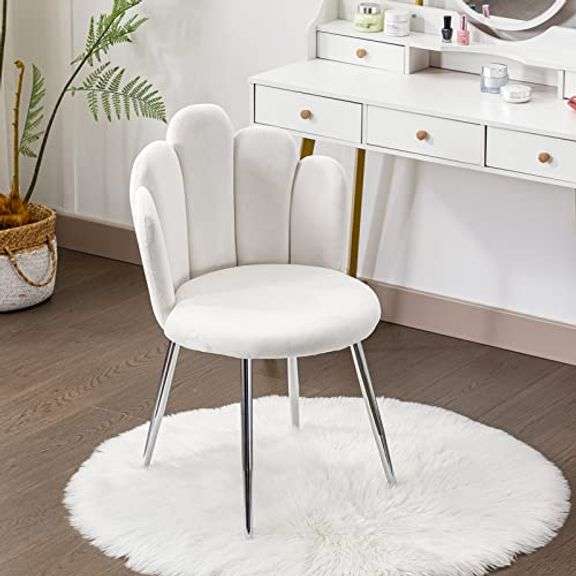 Vanity Chair for Makeup Room - Midcentury Modern Accent Chair for Living Room Bedroom, Velvet Chair with Back Support and Metal Legs (White)