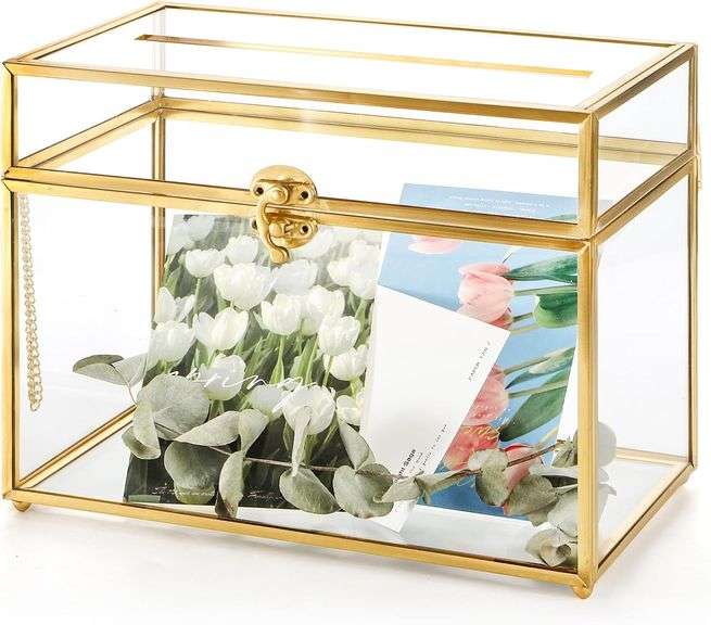 Okllen Glass Wedding Card Box with Lock and Slot, Gold Rim Envelop Box Gift Holder, Vintage Clear Card Box for Wedding Reception, Baby Shower, Birthda