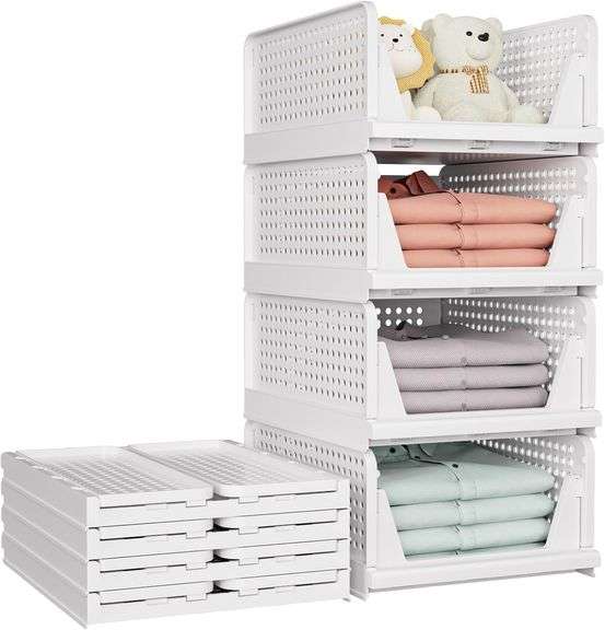 SNSLXH 5 Pack White Stackable Closet Organizer Box, Multifunctional & Foldable Storage Basket for Bathroom, Kitchen, Laundry Room, Wardrobe, Space-Sav