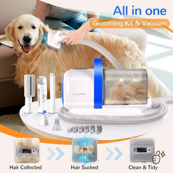FUKUMARU Dog Grooming Vacuum & Kit, Dog Hair Vacuum with Pet Clipper Nail Grinder, 2L Dust Cup Brush Vacuum with 6 Pet Grooming Tools for Shedding
