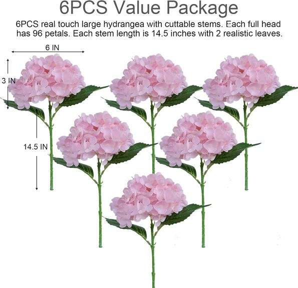 AOLOSA 6PCS Premium Pink Hydrangea Artificial Silk Flowers, Lifelike Fake Hydrangea Head with Stems, Faux Floral Arrangements for Wedding Bouquets, Ho