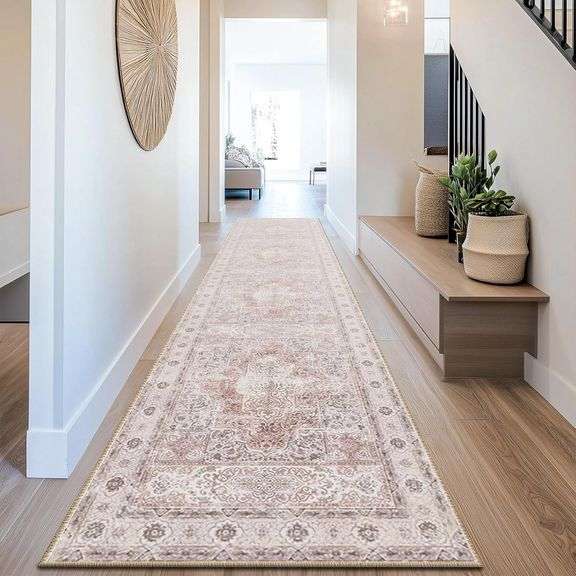 BESTSWEETIE 2x10 Area Rugs Machine Washable No Pile Non Slip Vintage Rugs for Living Room&Bedroom&Dinning Room Bohemian Distressed Carpet Indoor,Pink