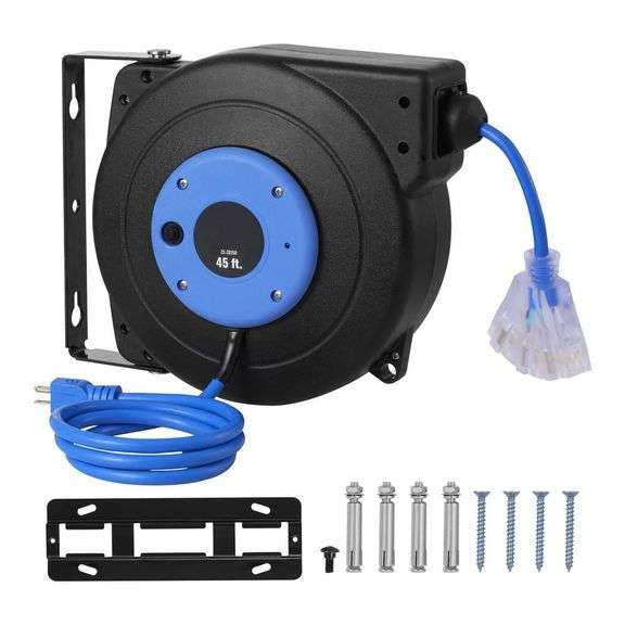45ft., 12 Gauge / 3 Conductors, 15 Amps Retractable Extension Cord Reel with 3-Outlets