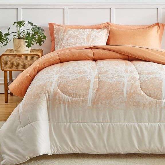 AIKASY Bed in a Bag Twin Comforter Set - 6 Piece Coral Gradient Tree, Microfiber Reversible Comforter for All Seasons (1 Comforter, 1 Flat Sheet, 1 Fi