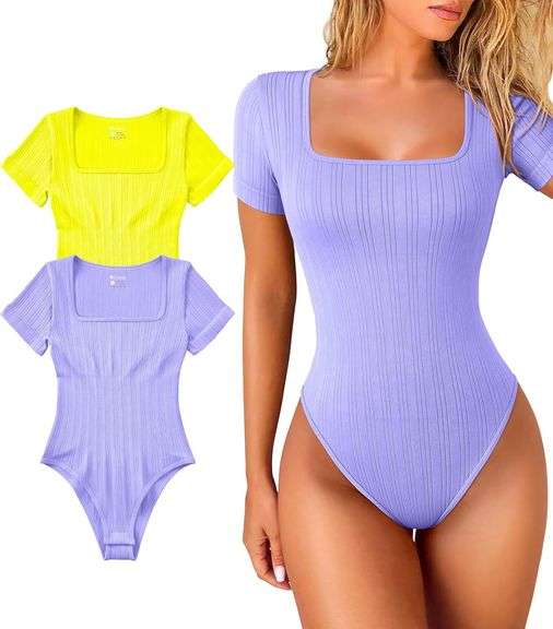 (S) OQQ Women 2 Piece Bodysuits Short Sleeve Square Strech Basic Shirts Bodysuits