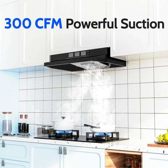 FIREGAS Black Range Hood 24 inch, 300CFM Ducted/Ductless Convertible Under Cabinet Kitchen Hood in Black Painted Stainless Steel with 2 watt LED Light