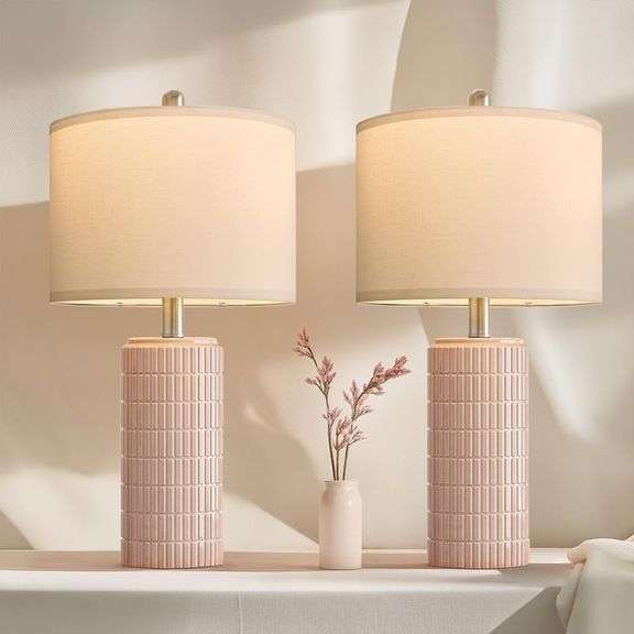 PoKat 23" Pink Ceramic Table Lamps Set of 2, Modern Bedroom Lamps for Girls Room, Bedside Lamps for Night Stands, Cute Lamps for Living Room Decor, Ni