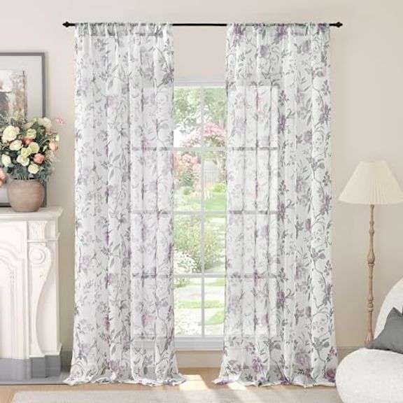 Floral Sheer Curtains 84 Inch Length 2 Panels, Vintage Farmhouse Light Filtering Privacy Semi-Sheer Linen Lavender Curtains for Bedroom Living Room, R