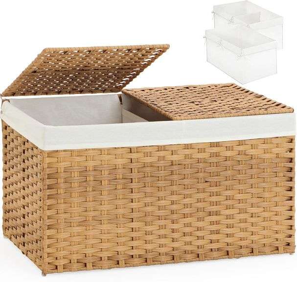 SETVSON Storage Basket with Lid Rattan Woven Storage Baskets with 2 Separate Lids, 17.2 Gallon (65 L), 22 x 13 x 13.8 Inches,Foldable, 2 Removable Lin
