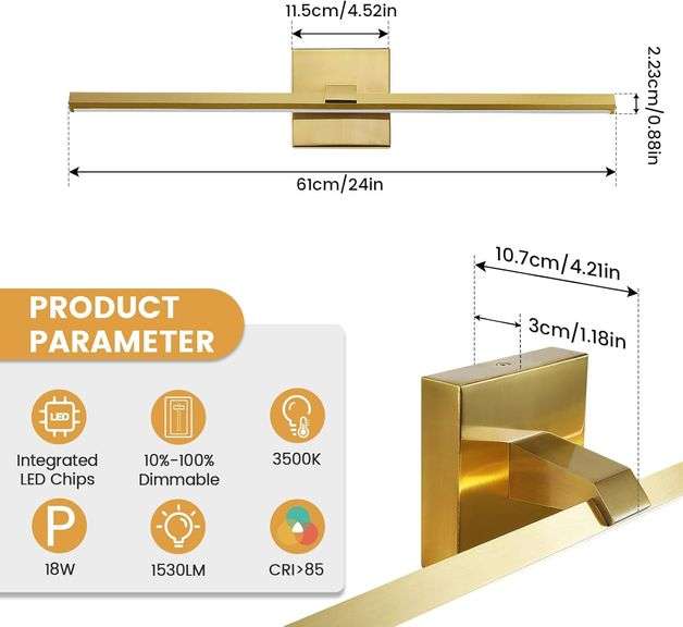 CCYCOL Gold Bathroom Light Fixtures Over Mirror 24 Inch 18W Modern LED Vanity Lights for Bathroom with 3500K Warm Lighting Dimmable Bathroom Wall Scon
