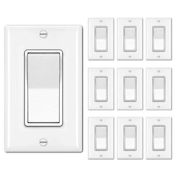 10 Pack BESTTEN Single Pole Decorator Wall Light Switch with Wallplate, 15A 120/277V, On/Off Rocker Paddle Interrupter, cUL Listed, White