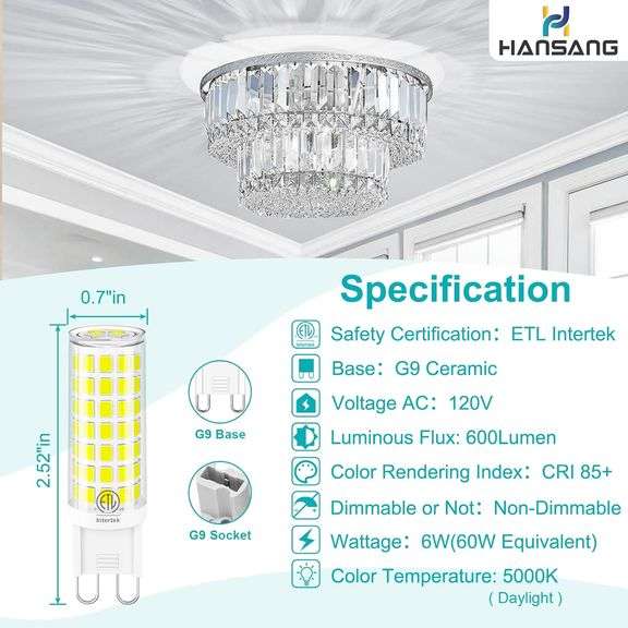 10 Pack G9 LED Bulb 5000K Daylight, Hansnag 6W (60W Halogen Replacement) T4 Chandelier Light Bulbs, G9 Bi Pin Ceramic Base 600LM, AC120V 360 Beam Angl