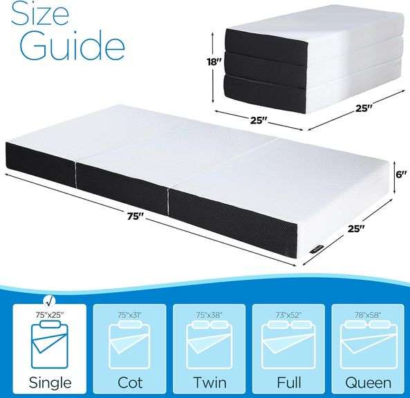 Folding Mattress, 6 inch Single Tri-Folding Memory Form Mattress,Portable Trifold Mattress Topper with Washable Cover, Non-Slip Bottom Camping Mattres