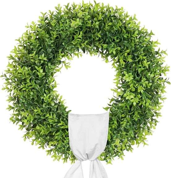Petalyn Artificial Green Leaves Wreath for Front Door,24 inch Boxwood Wreath with Sash for Spring, Summer, Front Door, Farmhous,Window,Hanging Wall, A