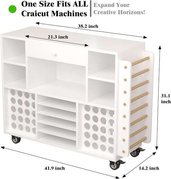 Craft organization and storage Cart Compatible with Cricut Machine, Rolling Craft Organizer With large drawer & 48 Vinyl Roll Holder, Crafting Cabinet