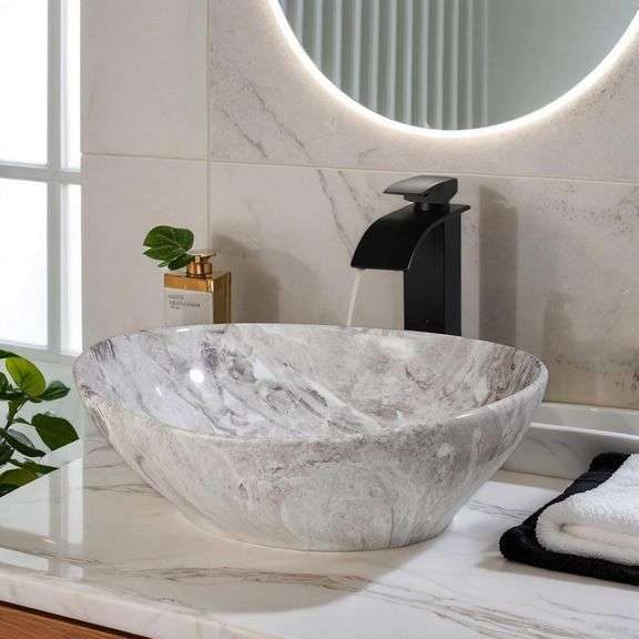 Kukworye Ceramic Vessel Sinks Oval Bathroom Sink Above Counter Vessel Sink with Faucet and Drain Combo 16 inch Marbling Vessel Bathroom Sinks Bowl