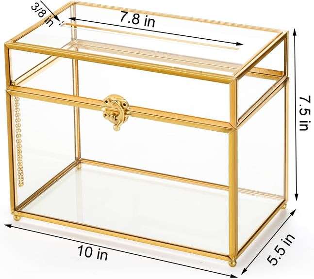 Okllen Glass Wedding Card Box with Lock and Slot, Gold Rim Envelop Box Gift Holder, Vintage Clear Card Box for Wedding Reception, Baby Shower, Birthda