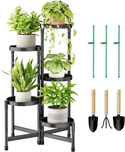 Cawukege 5 Tier Metal Plant Stand Indoor, Rotatable Corner Plant Shelf Outdoor, Tiered Flower Pot Display Stand, Black Multiple Plants Holder for Pati