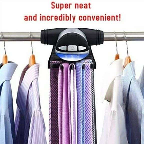 Motorized Tie Rack Closet Organizer with LED Lights Includes J Hooks for Wired Shelving Stores Up to 72 Ties & 8 Belts Operates with Batteries
