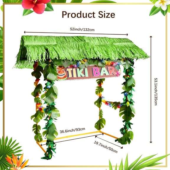 Auihiay 124PCS Tiki Bar Hut Kit, Portable Outdoor Tiki Bar Decor with Grass Table Skirt, Tablecloth, Flower Garland, and LED Lights for Hawaiian Luau