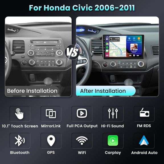 Podofo HiFi 16EQ 2G 64G Car Stereo Radio for Honda Civic 2006-2011 CarPlay Android Auto MirrorLink, 10.1 inch 1080P HD IPS Touch Screen Civic Car Radi