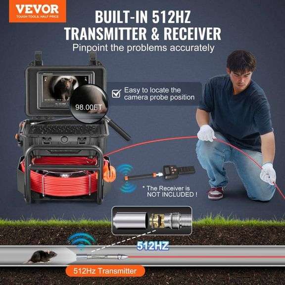 Sewer Camera 98 ft. /30m, Self-Leveling Drain Camera with 512 Hz Transmitter 9 in. Screen 1080P HD Snake Sewer Camera
