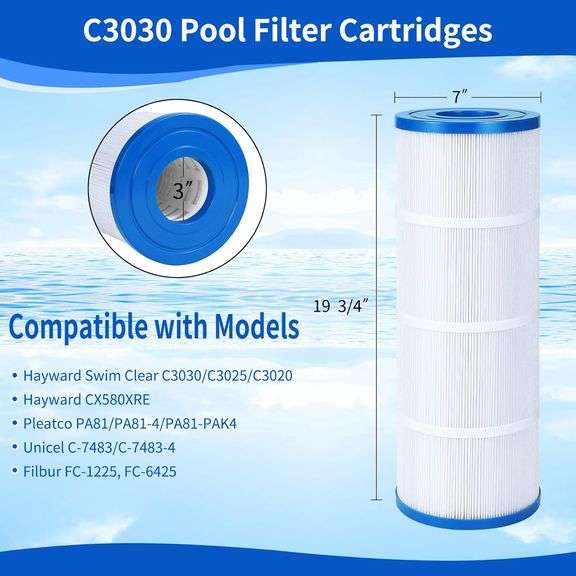 C3030 Pool Filter Cartridges Compatible with Hayward C580E, Pleatco PA81-PAK4, Hayward SwimClear C3020, C3025, C3030, Ultral-A3, Unicel C-7483, 4x81 s