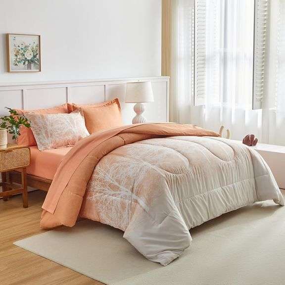 AIKASY Bed in a Bag Twin Comforter Set - 6 Piece Coral Gradient Tree, Microfiber Reversible Comforter for All Seasons (1 Comforter, 1 Flat Sheet, 1 Fi