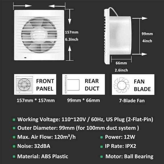 White 55 CFM 12W Plastic 4 in. Electric Powered Exhaust Fan, Small Window Wall Mount Vent Extractor Fan for Workshop