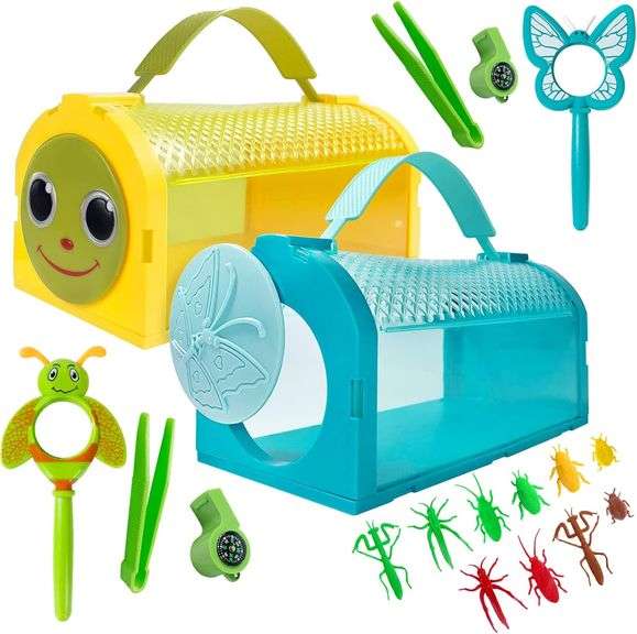 Bug Catcher Kit, Outdoor Toy Gift for 3 4 5 6 7 8+ Year Old Boys Girls Kids, 2 Pcs Critter Cage Butterfly, Outdoor Explorer Kit with Whistles for Back