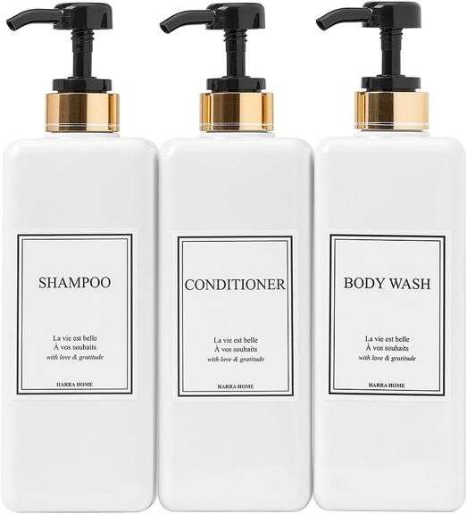 HARRA HOME Modern Gold Design Pump Bottle Set 27 oz Refillable Shampoo and Conditioner Dispenser Empty Shower Plastic Bottles with Pump for Bathroom L