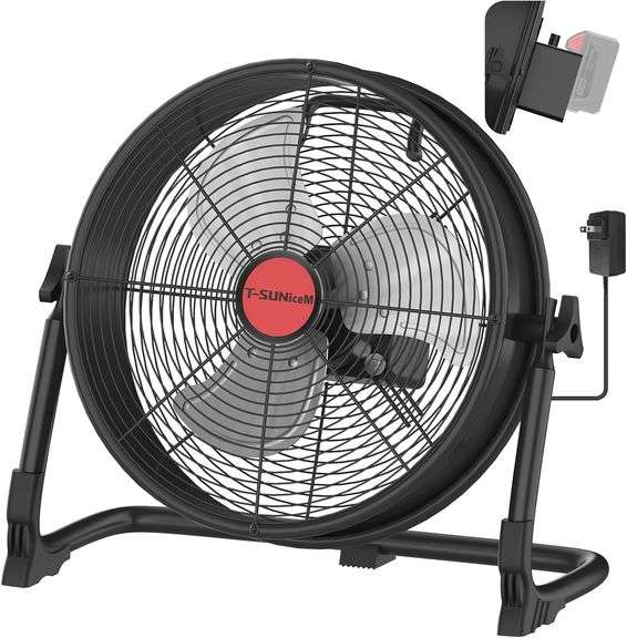 12" Battery Operated Floor Fan for Milwaukee M18 18V Battery, Portable Fan with AC Adapter and USB Output, Metal Industrial High Velocity, Stepless Sp