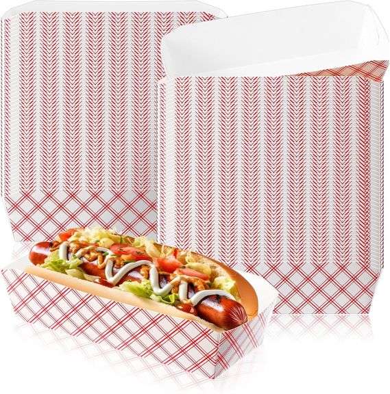 Yeaqee 100 Pcs 7" Paper Hot Dog Trays Red White Pattern Disposable Paper Food Nacho Boats Hot Dog Holders Hot Dog Plates Disposable Serving Trays for
