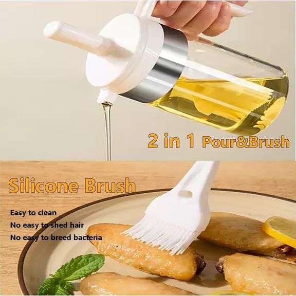 Olive Oil Dispenser Bottle with Brush- 2 in 1 Oil Dispenser & Silicone Brush for Kitchen Cooking Vinegar Sauce BBQ Salad Grill Frying- 200ml/7oz, Whit