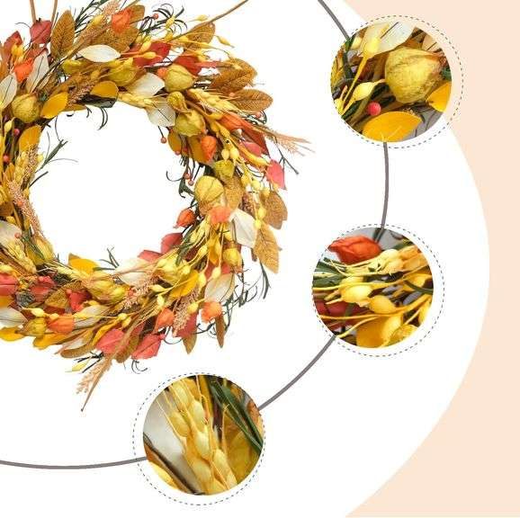 CIR OASES 24 inch Fall Wreath with Berries, Wheat Ears, and Harvest Wheat for Home Wall Decor