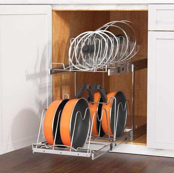 BONADOM Slide Out Pans and Pots Lid Kitchen Pull Out Cabinet Organizer for Lid Cookware Cutting Board Bakeware Shelf Sliding Adjustable Wire Rack-2 Ti