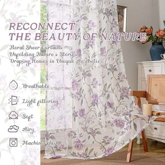 Floral Sheer Curtains 84 Inch Length 2 Panels, Vintage Farmhouse Light Filtering Privacy Semi-Sheer Linen Lavender Curtains for Bedroom Living Room, R