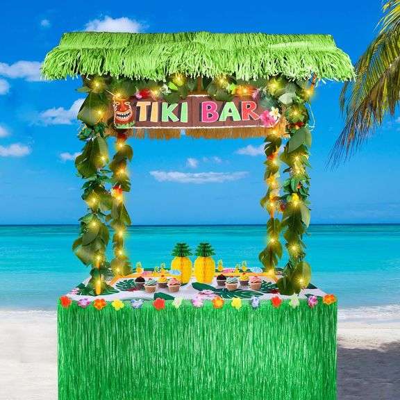 Auihiay 124PCS Tiki Bar Hut Kit, Portable Outdoor Tiki Bar Decor with Grass Table Skirt, Tablecloth, Flower Garland, and LED Lights for Hawaiian Luau
