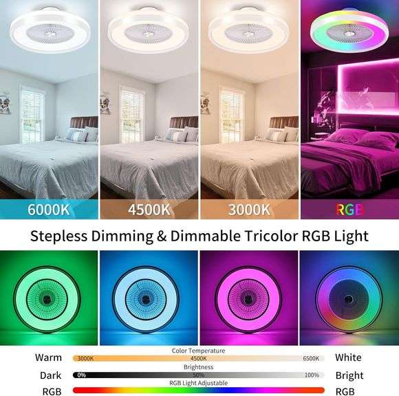 24" Bladeless Ceiling Fan with RGB Light Remote, Smart LED Ceiling Fans with Voice/App Control, Modern Low Profile Dimmable Light Ceiling Fan for Bedr