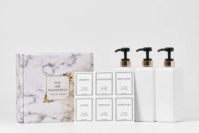 HARRA HOME Modern Gold Design Pump Bottle Set 27 oz Refillable Shampoo and Conditioner Dispenser Empty Shower Plastic Bottles with Pump for Bathroom L