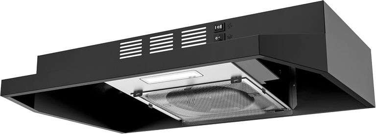 FIREGAS Black Range Hood 24 inch, 300CFM Ducted/Ductless Convertible Under Cabinet Kitchen Hood in Black Painted Stainless Steel with 2 watt LED Light