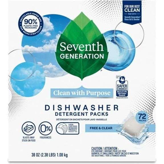 Seventh Generation Dishwasher Detergent Packs for sparkling dishes Free & Clear Dishwasher Tabs, 72 Count