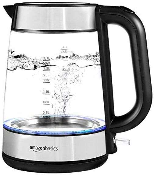 Amazon Basics Electric Glass and Steel Hot Tea Water Kettle, 1.7-Liter, Black and Sliver