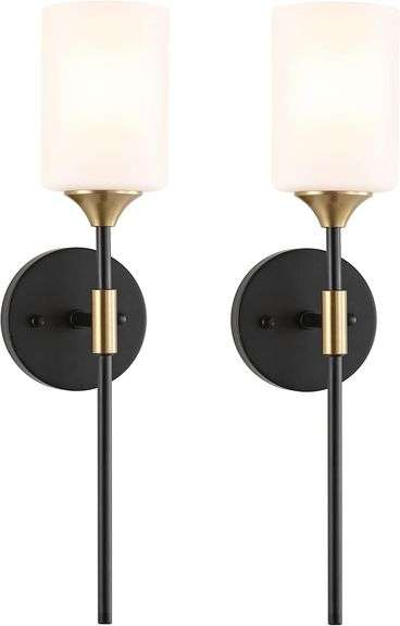 BYOLIIMA Industrial Mid Century Wall Sconce Set of 2 with White Cylinder Glass Shades Modern Bathroom Vanity Wall Lamp Black and Gold Finished Wall Li