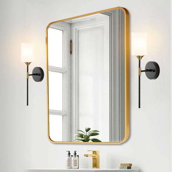 BYOLIIMA Industrial Mid Century Wall Sconce Set of 2 with White Cylinder Glass Shades Modern Bathroom Vanity Wall Lamp Black and Gold Finished Wall Li
