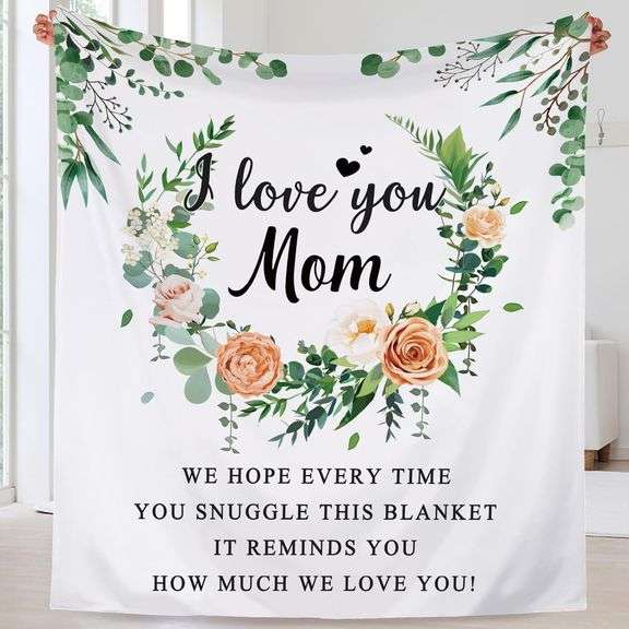 Gifts for Mom, Mothers Gifts Blanket from Daughter, Mom Birthday Gifts from Daughter, 60" X 50" Blue Soft Flower Wreath Blanket for Mom, I Love You Mo