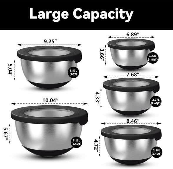 KITEISCAT Stainless Steel Mixing Bowls with Lids Set of 5 Large Nesting Metal Bowls for Kitchen, Baking, Cooking, Food Prep & Storage, Non-Slip Base,